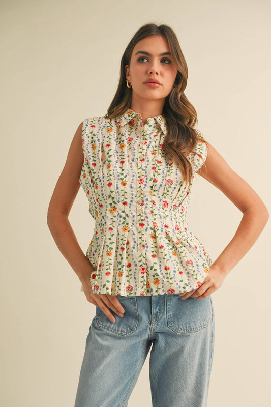 Christina Button-Down Peplum Waist Sleeveless Top - Uniquely Claudia Boutique
