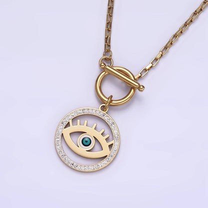 Stainless Steel Blue Evil Eye Open Clear Micro Paved CZ Toggle Clasps Necklace