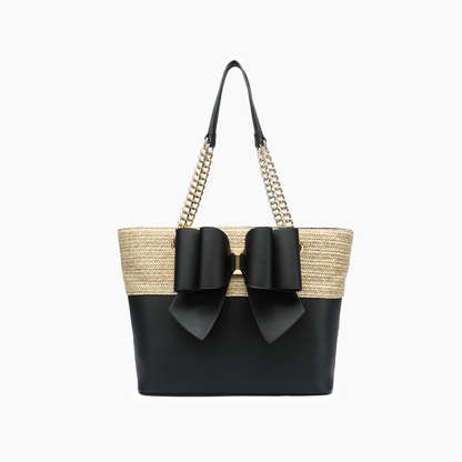 Daisy Bowtie Dual Straw Tote Bag: Black