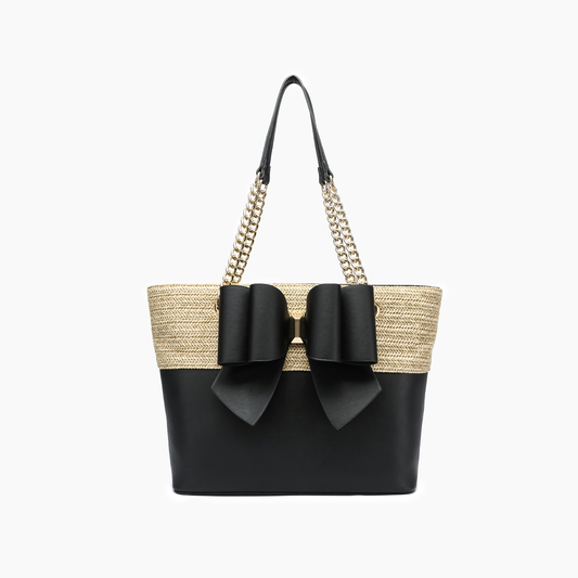 Daisy Bowtie Dual Straw Tote Bag: Black