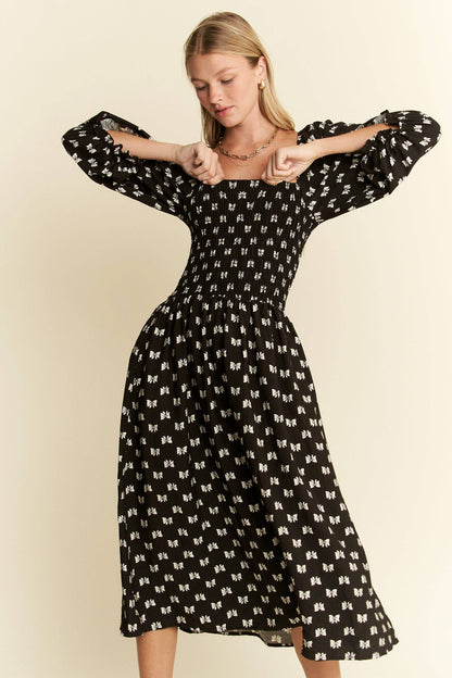 Paloma Ribbon Print Puff Sleeve Midi Dress - Uniquely Claudia Boutique