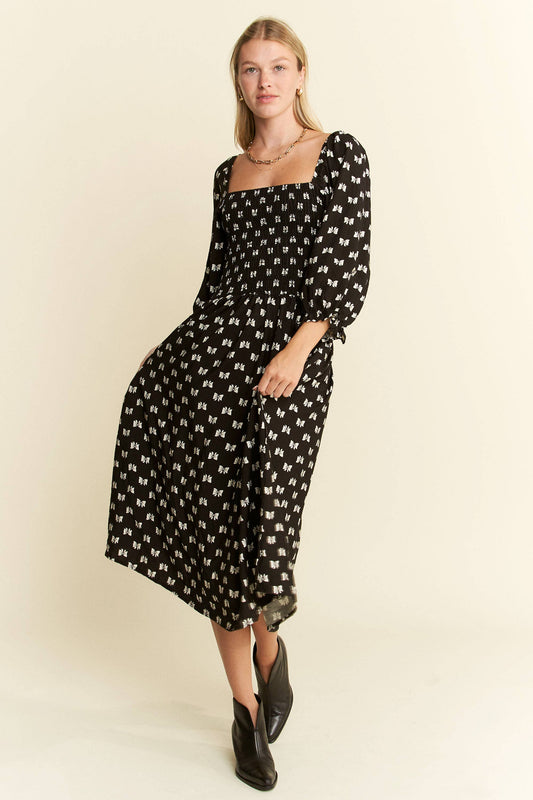Paloma Ribbon Print Puff Sleeve Midi Dress - Uniquely Claudia Boutique
