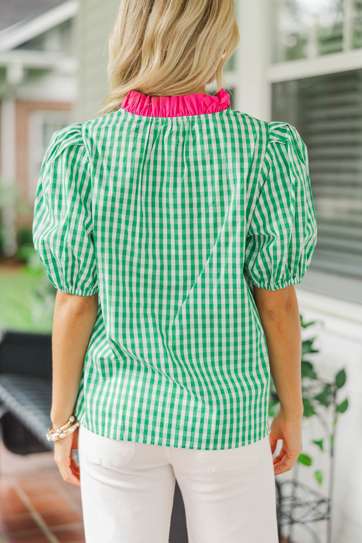 Melanie Hot Pink Contrast Gingham Puff Sleeve Top