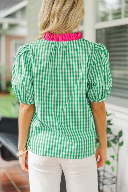 Melanie Hot Pink Contrast Gingham Puff Sleeve Top