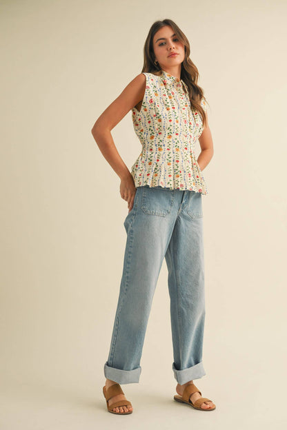 Christina Button-Down Peplum Waist Sleeveless Top - Uniquely Claudia Boutique