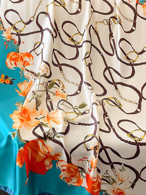 Buckle & Straps Floral Printed Vegan Silk Scarf - Uniquely Claudia Boutique