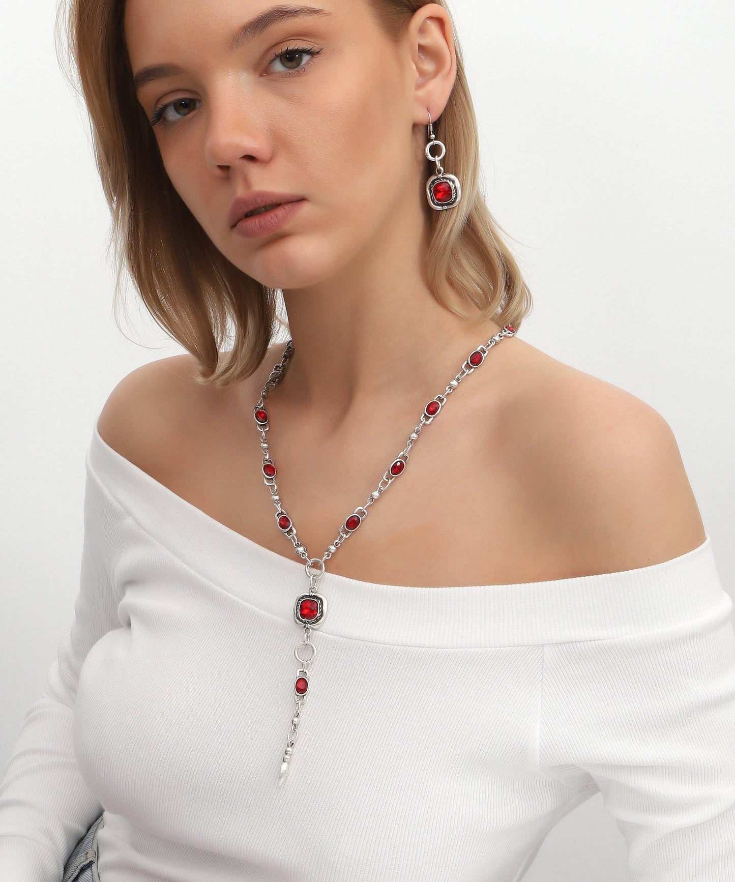 Silver-Plated Red Crystal Necklace & Earrings Set