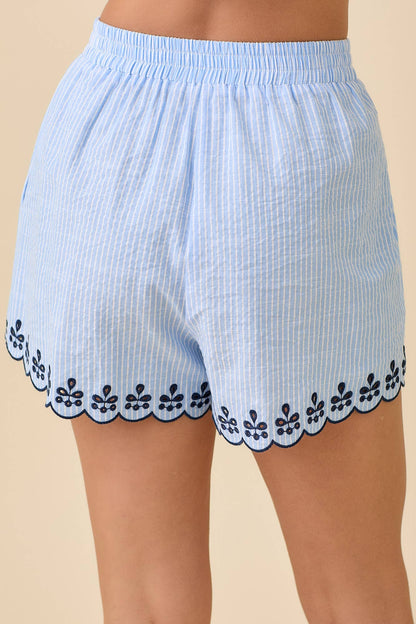 Deena Striped Shorts With Scallop Embroidered Hem Detail