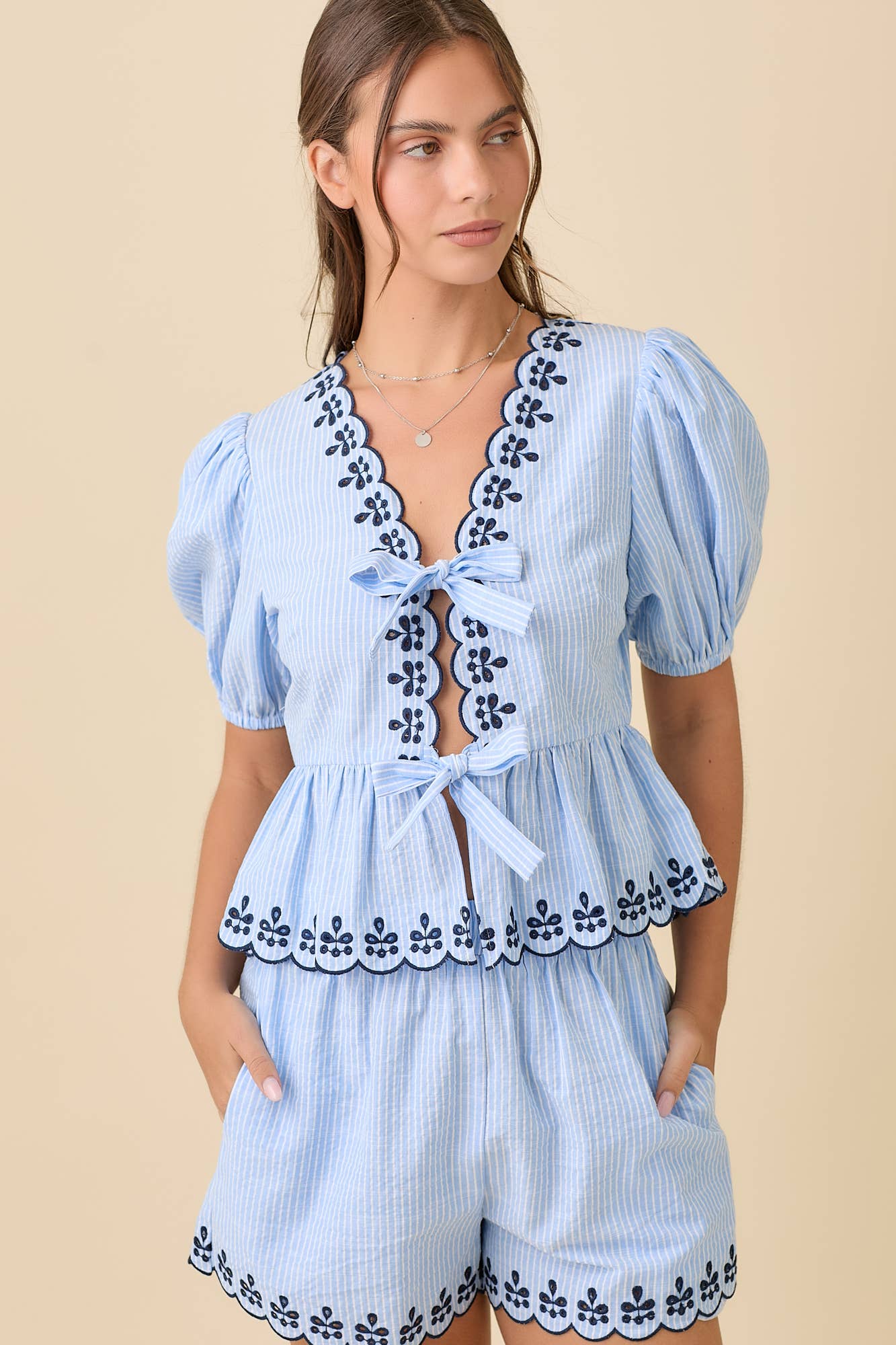 Deena V-neck Peplum Blouse With Scallop Edges