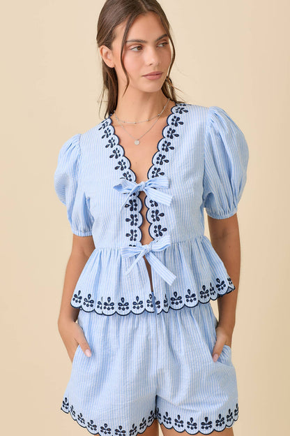 Deena V-neck Peplum Blouse With Scallop Edges