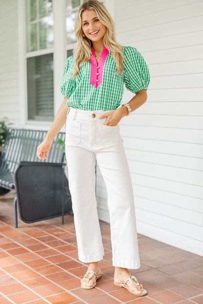 Melanie Hot Pink Contrast Gingham Puff Sleeve Top