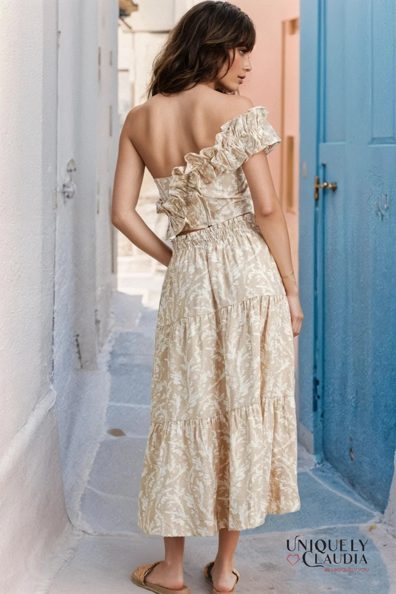 Abey Leaf Print One-Shoulder Cropped Top & Maxi Skirt