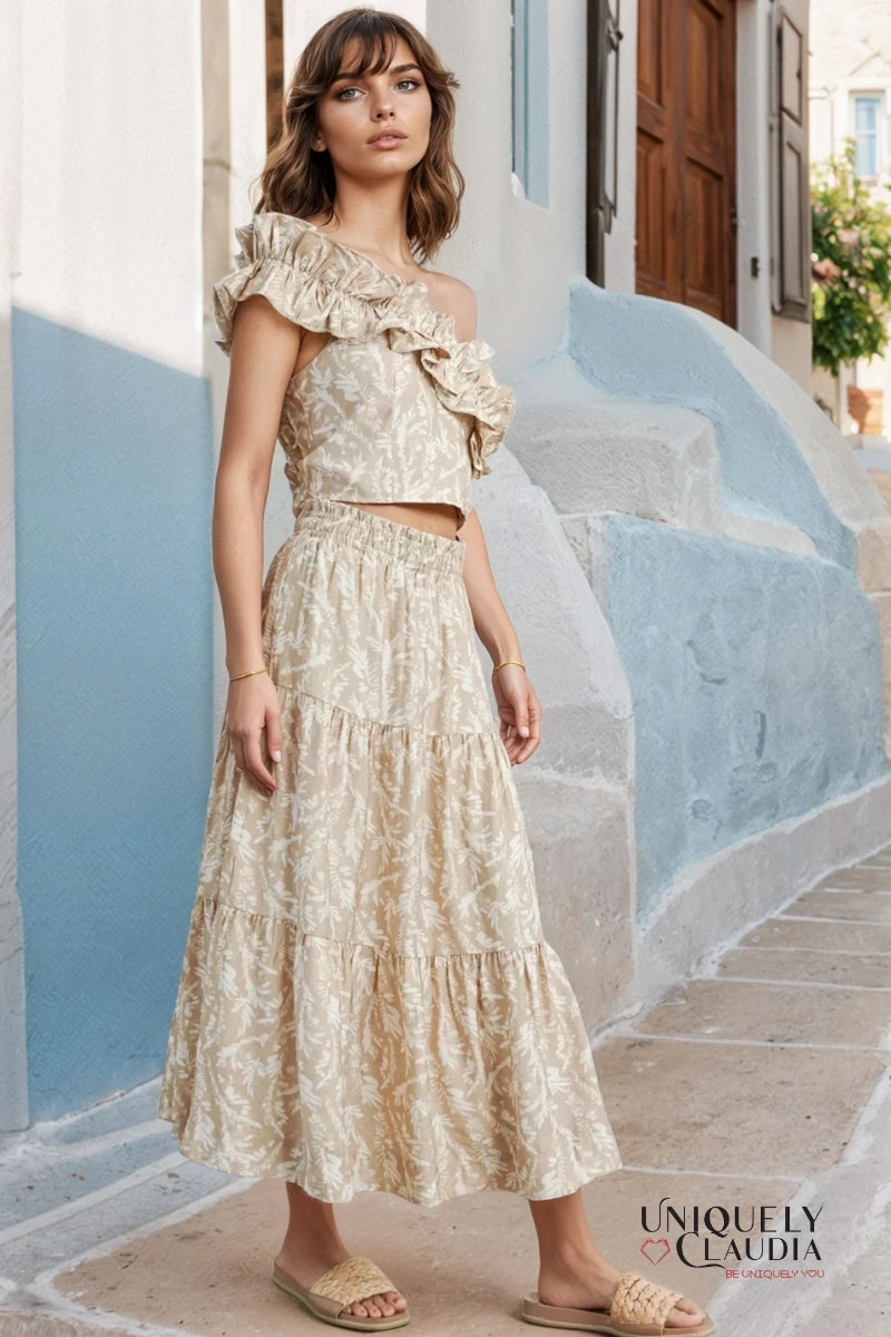 Abey Leaf Print One-Shoulder Cropped Top & Maxi Skirt