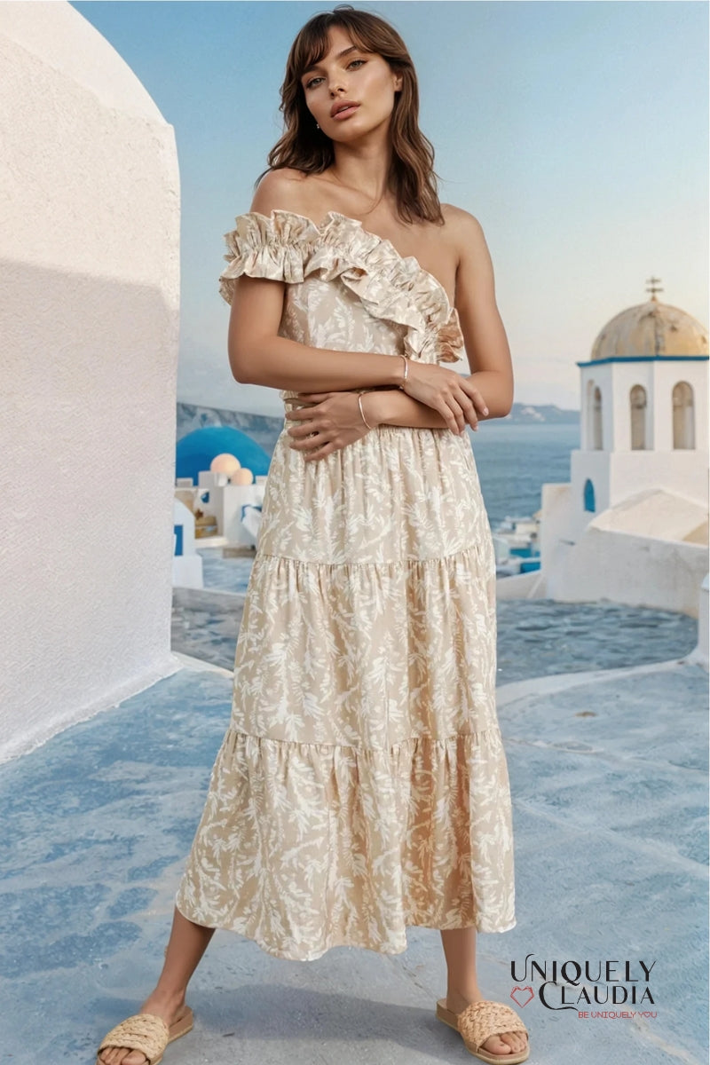 Abey Leaf Print One-Shoulder Cropped Top & Maxi Skirt
