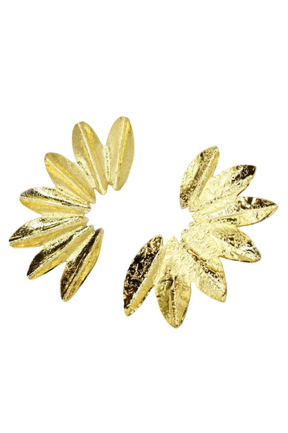 Pair of gold leaf-shaped earrings on a light gray background