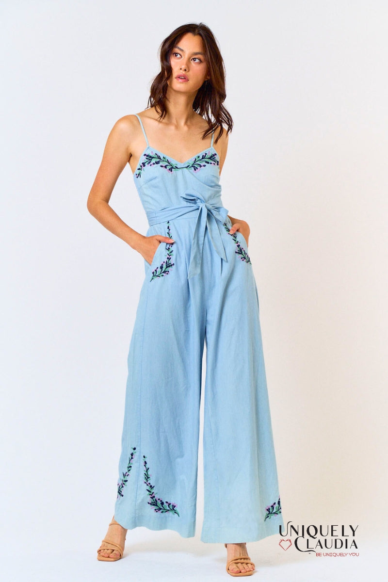 Adele Embroidery Waist Tie Wide Leg Jumpsuit| Uniquely Claudia Boutique