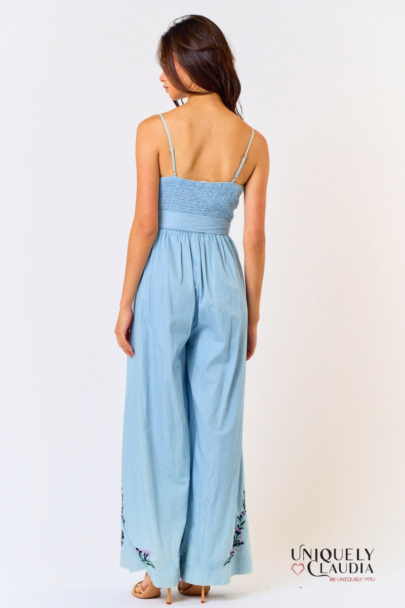 Adele Embroidery Waist Tie Wide Leg Jumpsuit| Uniquely Claudia Boutique