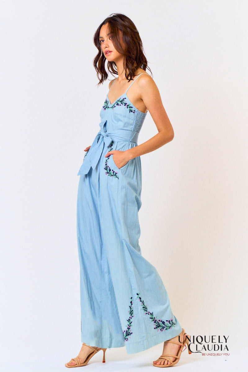 Adele Embroidery Waist Tie Wide Leg Jumpsuit| Uniquely Claudia Boutique