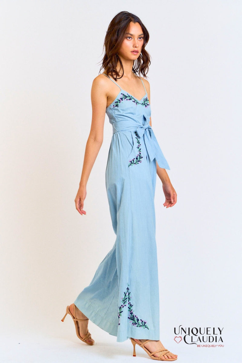 Adele Embroidery Waist Tie Wide Leg Jumpsuit| Uniquely Claudia Boutique