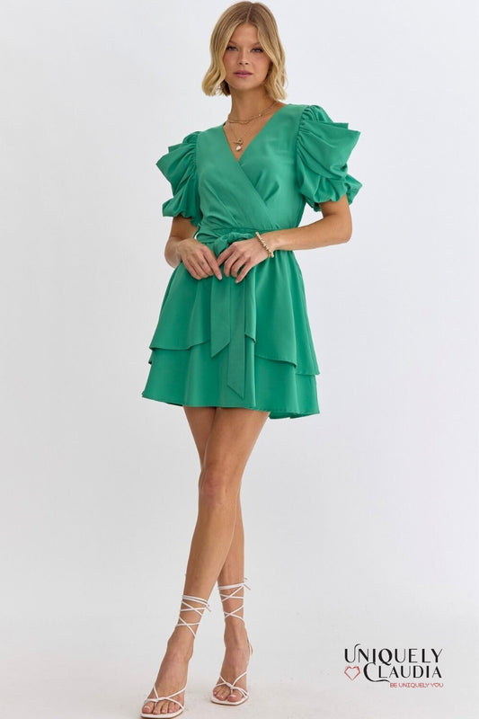 Agatha Surplice Ruched Sleeve Tiered Mini Dress | Uniquely Claudia Boutique