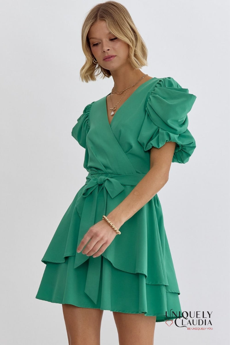 Agatha Surplice Ruched Sleeve Tiered Mini Dress | Uniquely Claudia Boutique