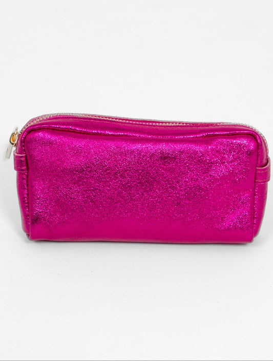Allegra Italian Leather Cosmetic Bag - Raspberry, Metallic - Uniquely Claudia Boutique