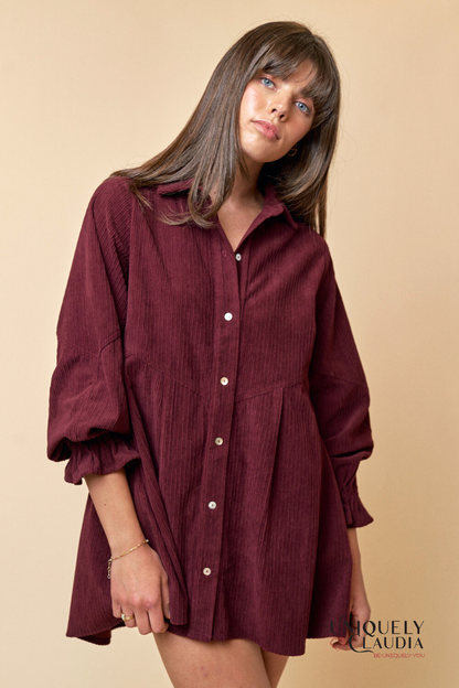 Allison Corduroy Button Up Shirt Mini Dress | Uniquely Claudia Boutique 
