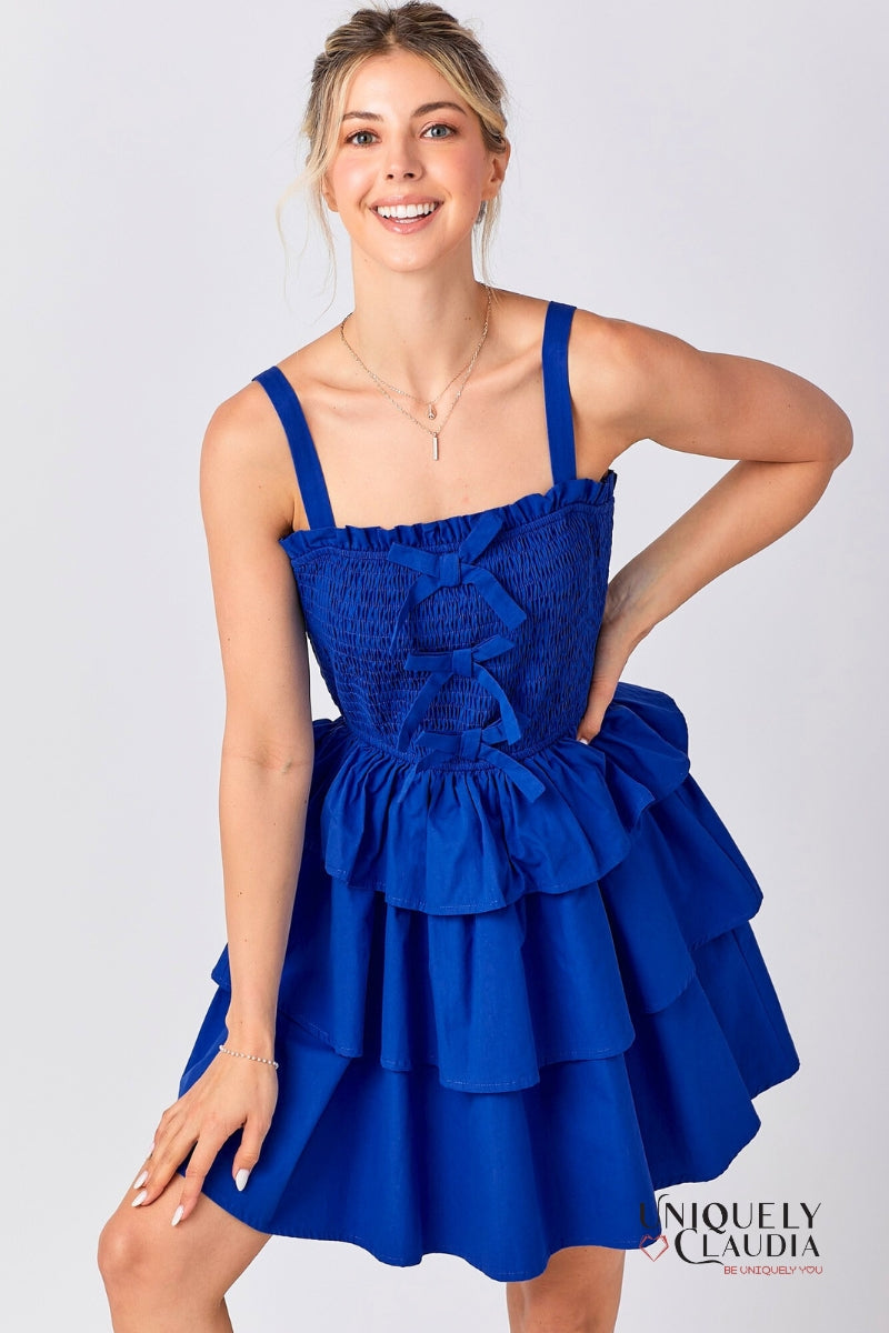 Allison Smocked Bow Tiered Royal Blue Mini Dress | Uniquely Claudia Boutique 