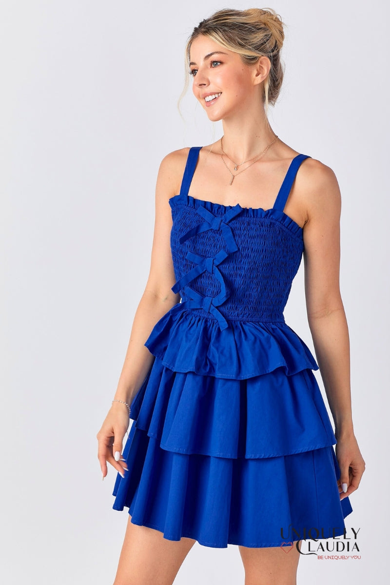 Allison Smocked Bow Tiered Royal Blue Mini Dress | Uniquely Claudia Boutique 