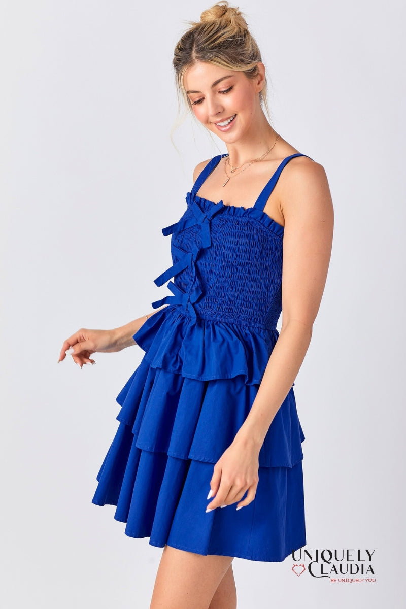 Allison Smocked Bow Tiered Royal Blue Mini Dress | Uniquely Claudia Boutique 