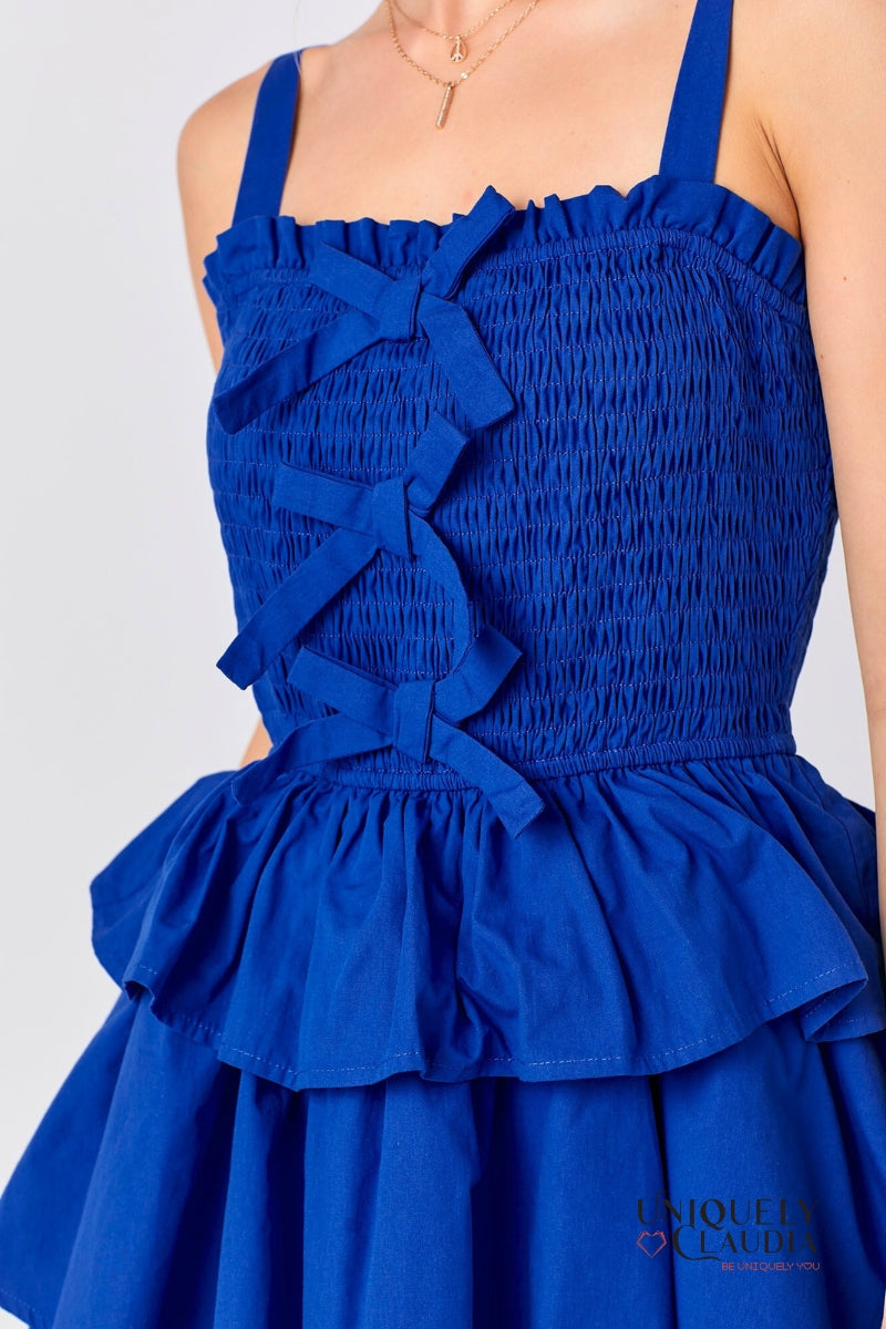 Allison Smocked Bow Tiered Royal Blue Mini Dress | Uniquely Claudia Boutique 