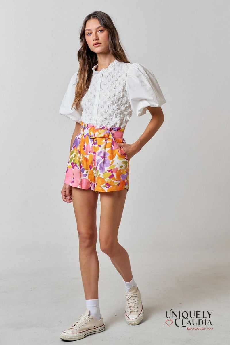 Alyssa Floral Print Linen Blend Belted Shorts - Uniquely Claudia Boutique