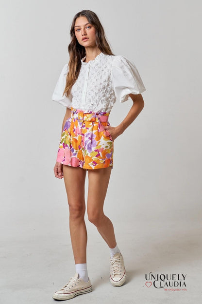 Alyssa Floral Print Linen Blend Belted Shorts - Uniquely Claudia Boutique