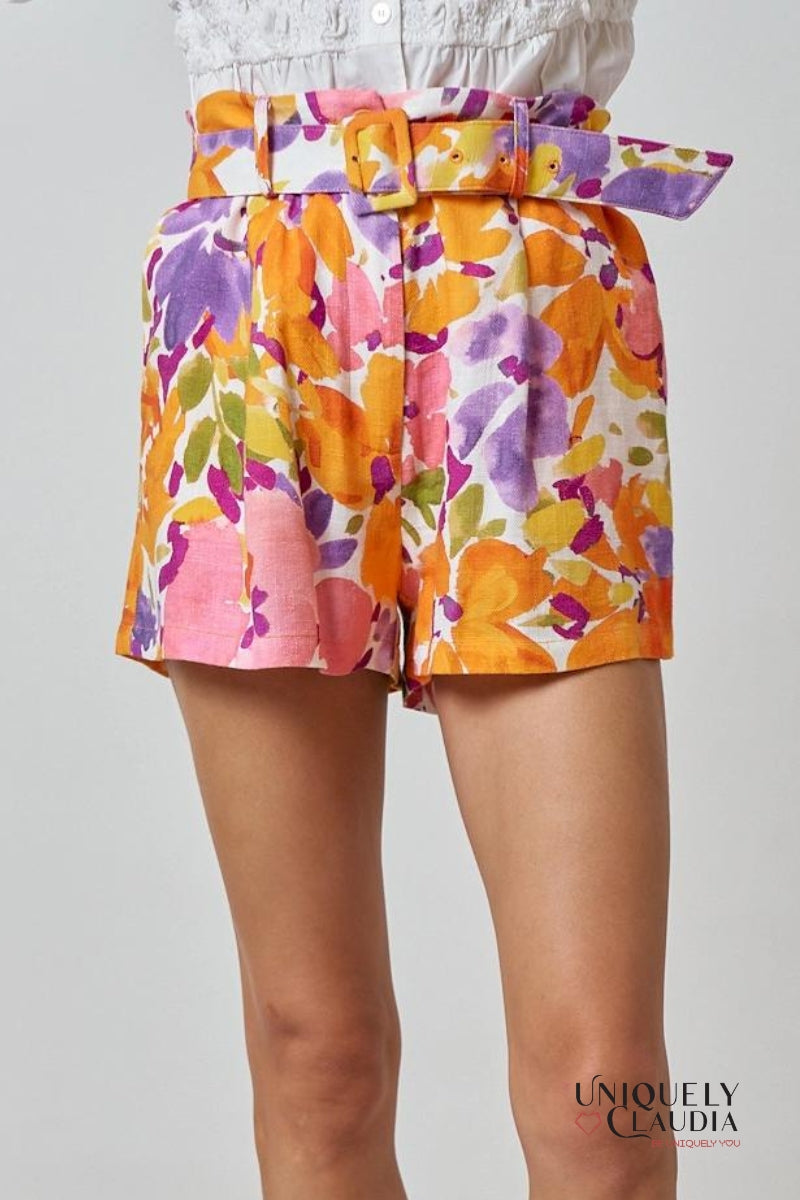 Alyssa Floral Print Linen Blend Belted Shorts - Uniquely Claudia Boutique