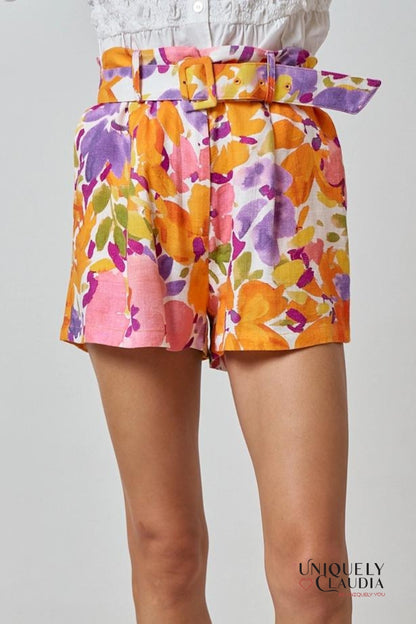 Alyssa Floral Print Linen Blend Belted Shorts - Uniquely Claudia Boutique