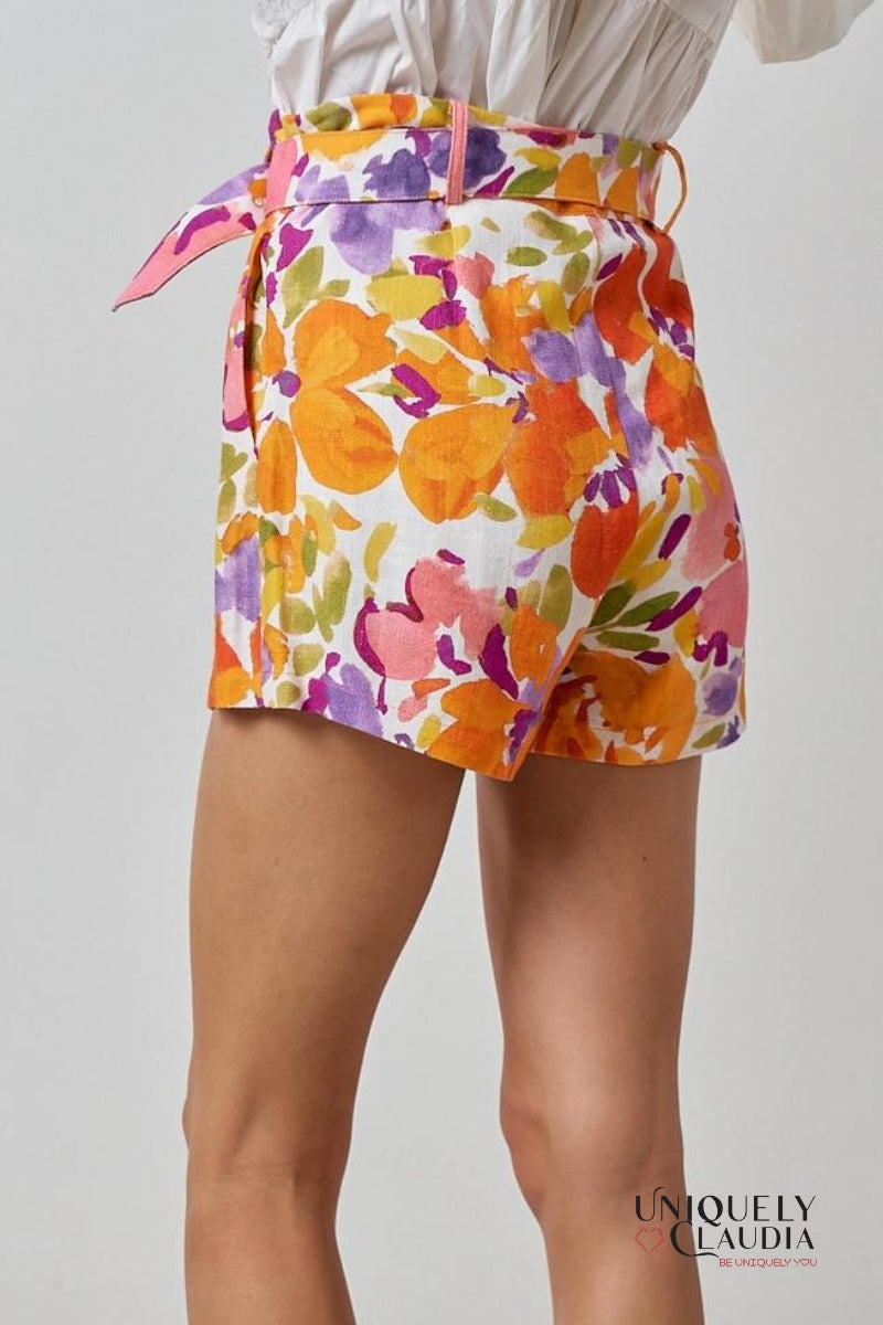 Alyssa Floral Print Linen Blend Belted Shorts - Uniquely Claudia Boutique
