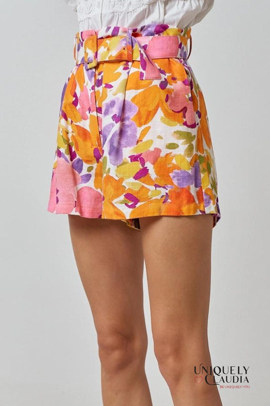 Alyssa Floral Print Linen Blend Belted Shorts