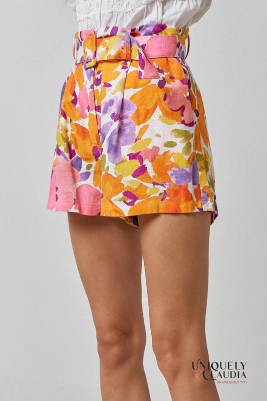 Alyssa Floral Print Linen Blend Belted Shorts - Uniquely Claudia Boutique
