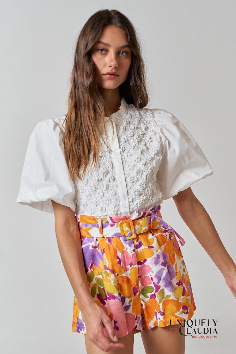 Alyssa Floral Print Linen Blend Belted Shorts - Uniquely Claudia Boutique