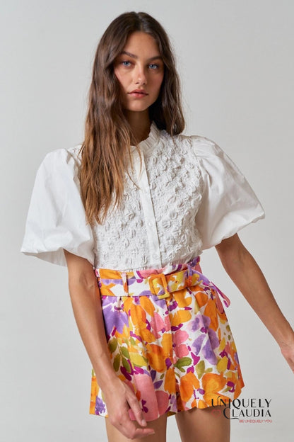 Alyssa Floral Print Linen Blend Belted Shorts - Uniquely Claudia Boutique
