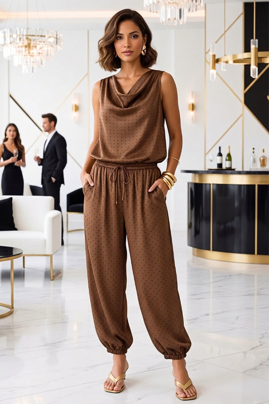 Amber Brown Satin Polka Bubble Top & Jogger Pant Set