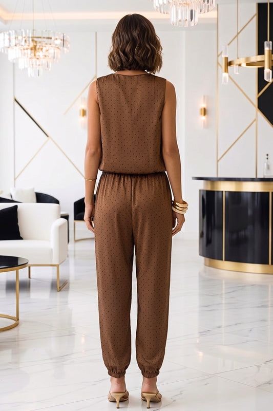 Amber Brown Satin Polka Bubble Top & Jogger Pant Set