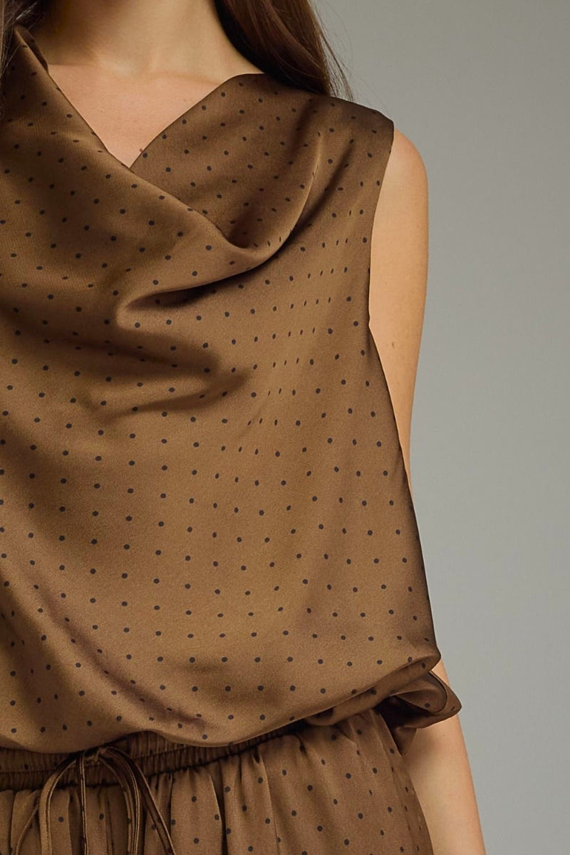 Amber Brown Satin Polka Bubble Top & Jogger Pant Set