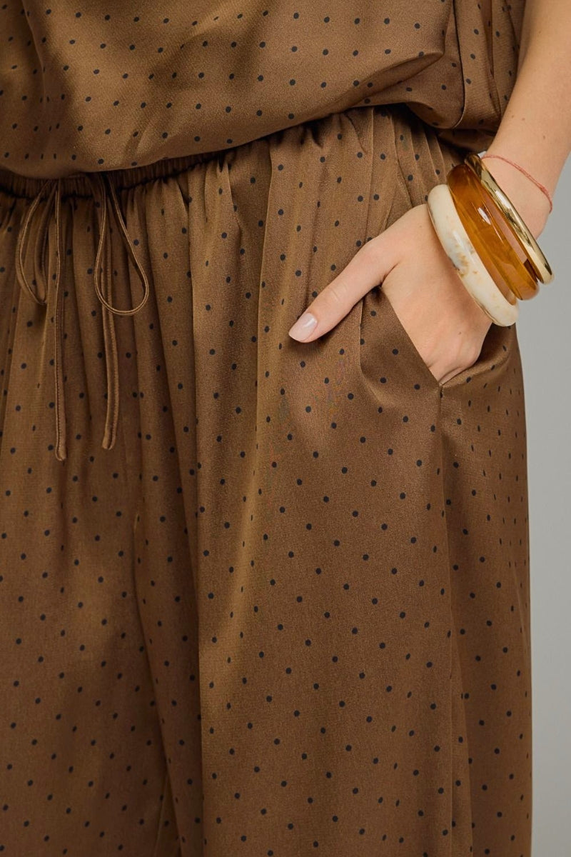 Amber Brown Satin Polka Bubble Top & Jogger Pant Set
