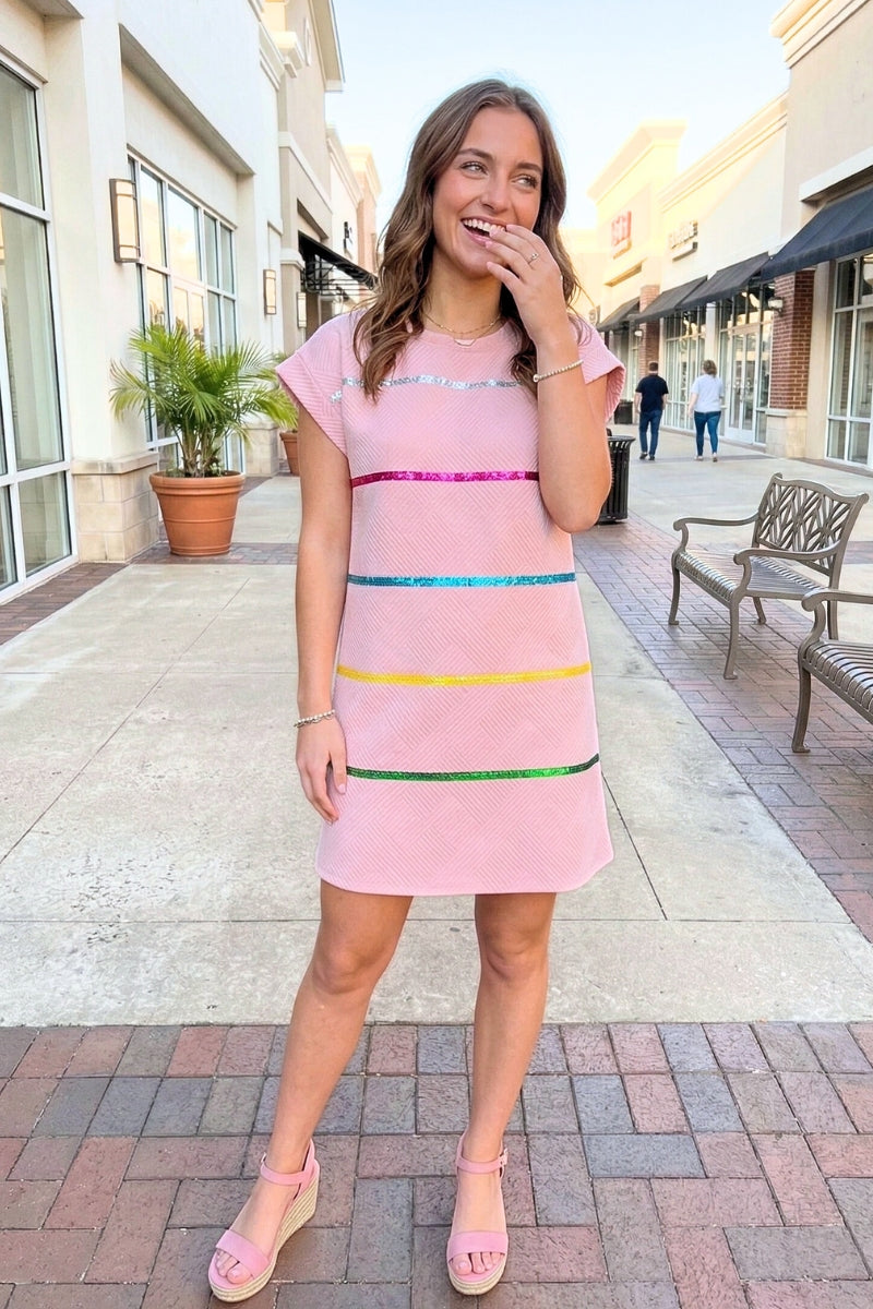 Angel Cap Sleeve Trim Embellished Pink Mini Dress | Uniquely Claudia L / Pink