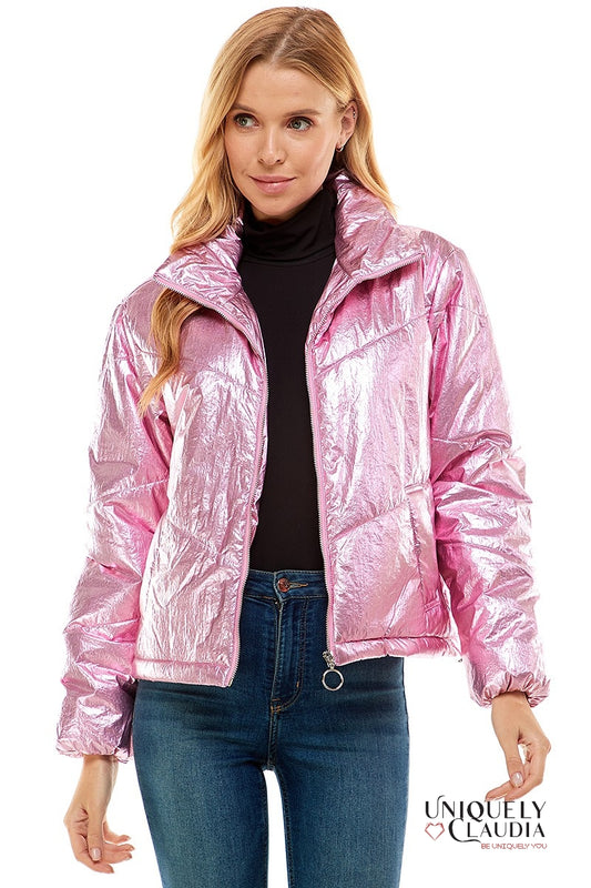 Angelika Metallic Pink Puff Jacket | Uniquely Claudia Boutique 