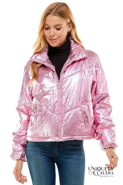 Angelika Metallic Pink Puff Jacket | Uniquely Claudia Boutique 