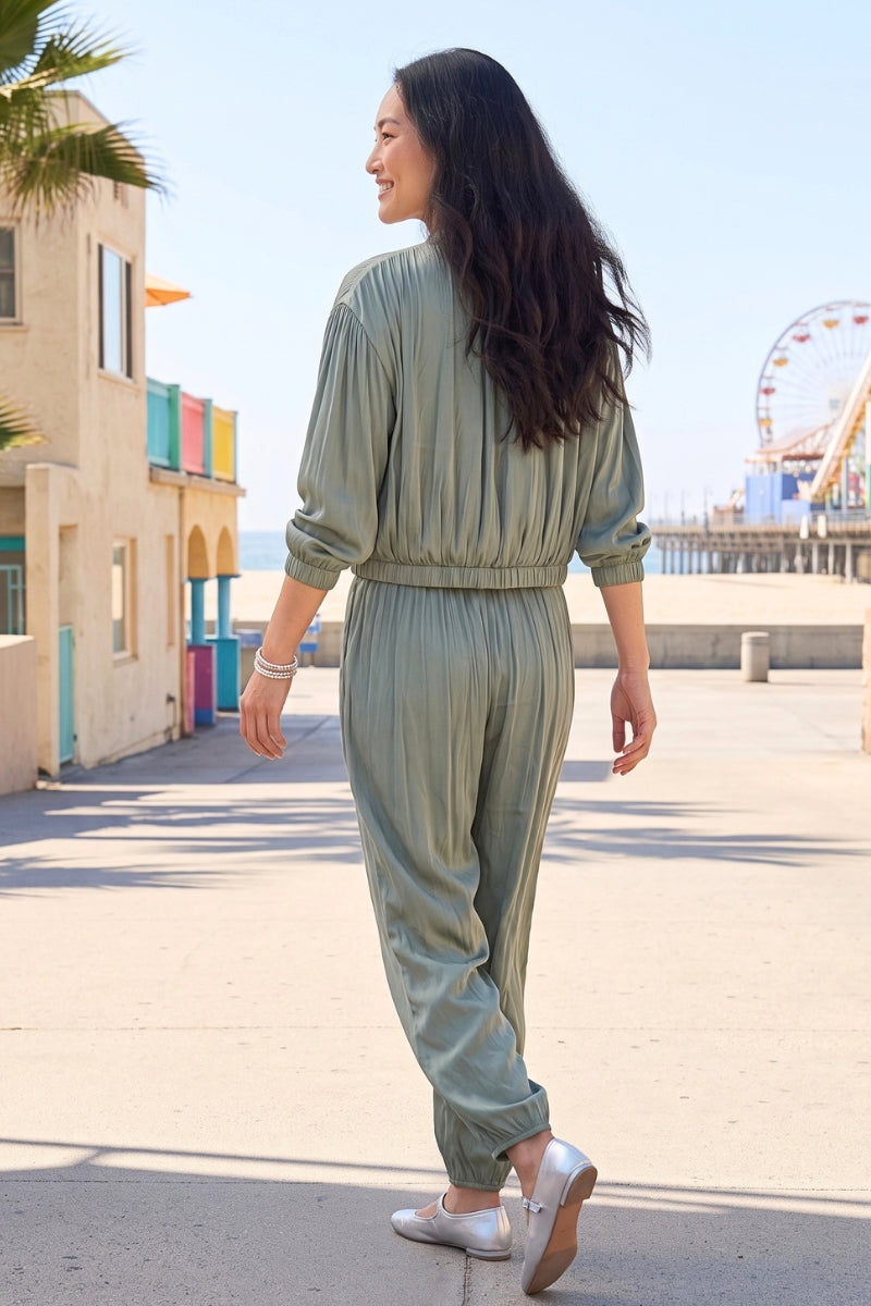 Annalee Satin Gathered Zip Up Jacket & Elastic Waist Barrel Pants