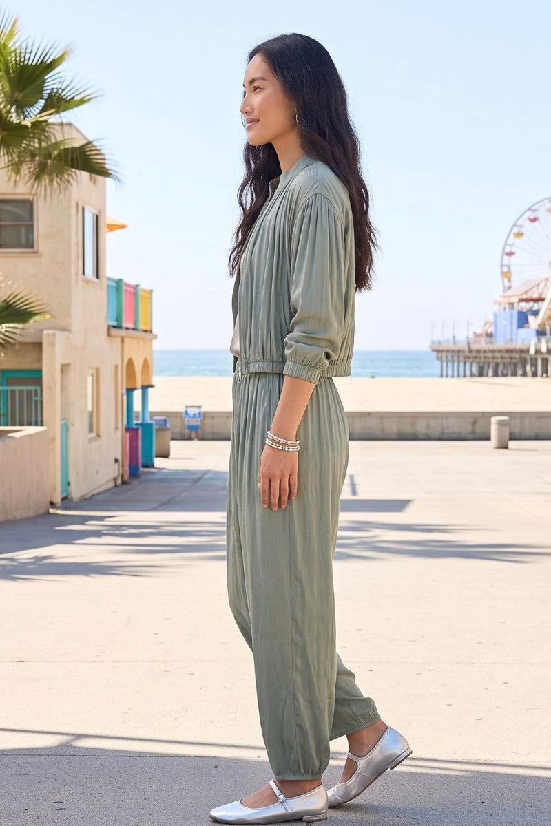 Annalee Satin Gathered Zip Up Jacket & Elastic Waist Barrel Pants