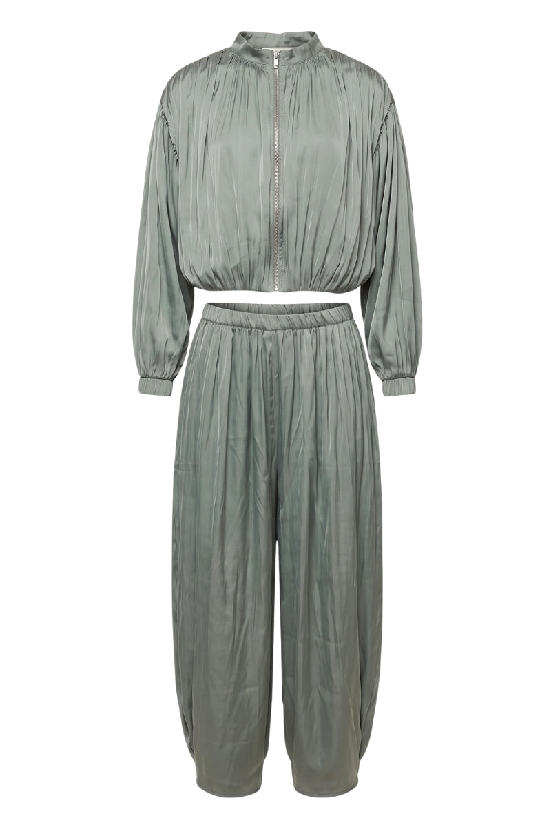Annalee Satin Gathered Zip Up Jacket & Elastic Waist Barrel Pants